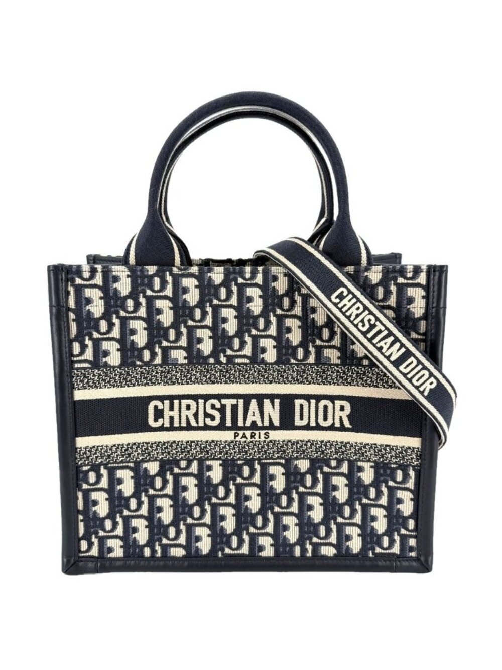 Dior 2-Way Book Tote Oblique Shoulder Bag Cotton Canvas Navy Beige